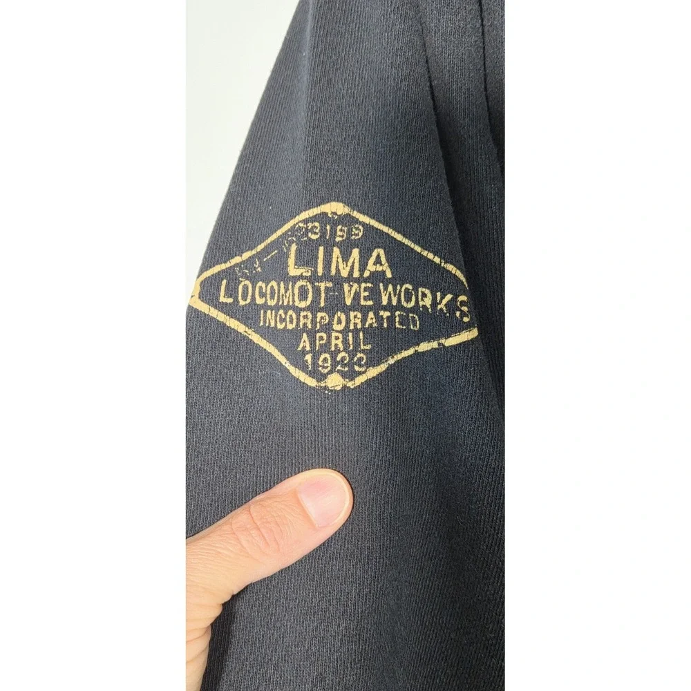 Lima Locomotive Works 100 Year Anniv Hoodie Black Full Zip MED Distressed Elbows
